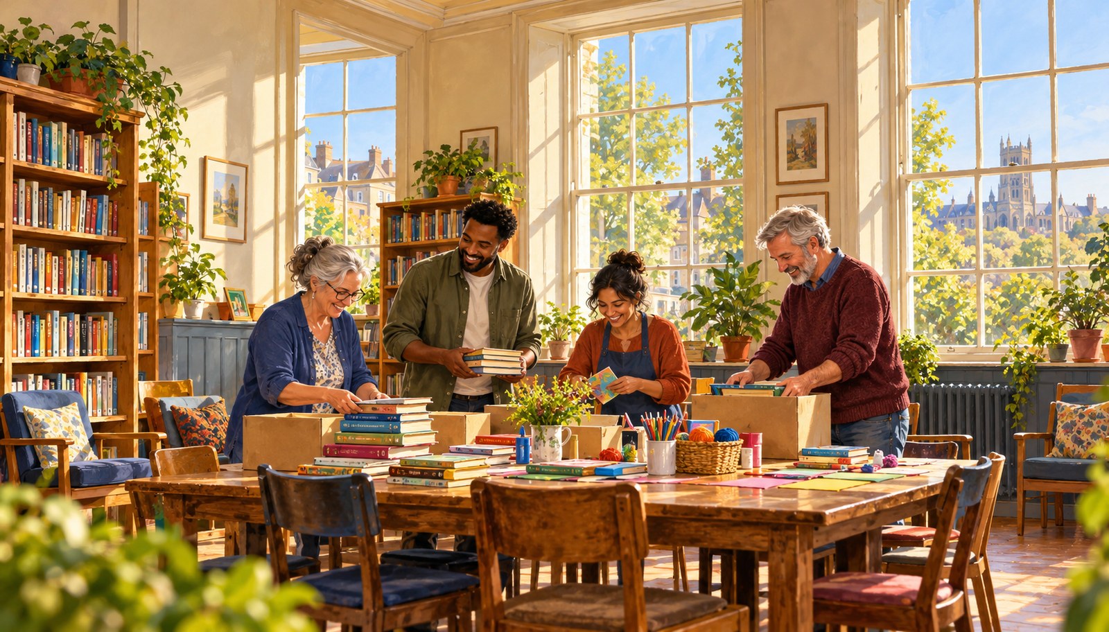 Artist's impression of representative Cardiff volunteers in a community room, not actual named people or premises