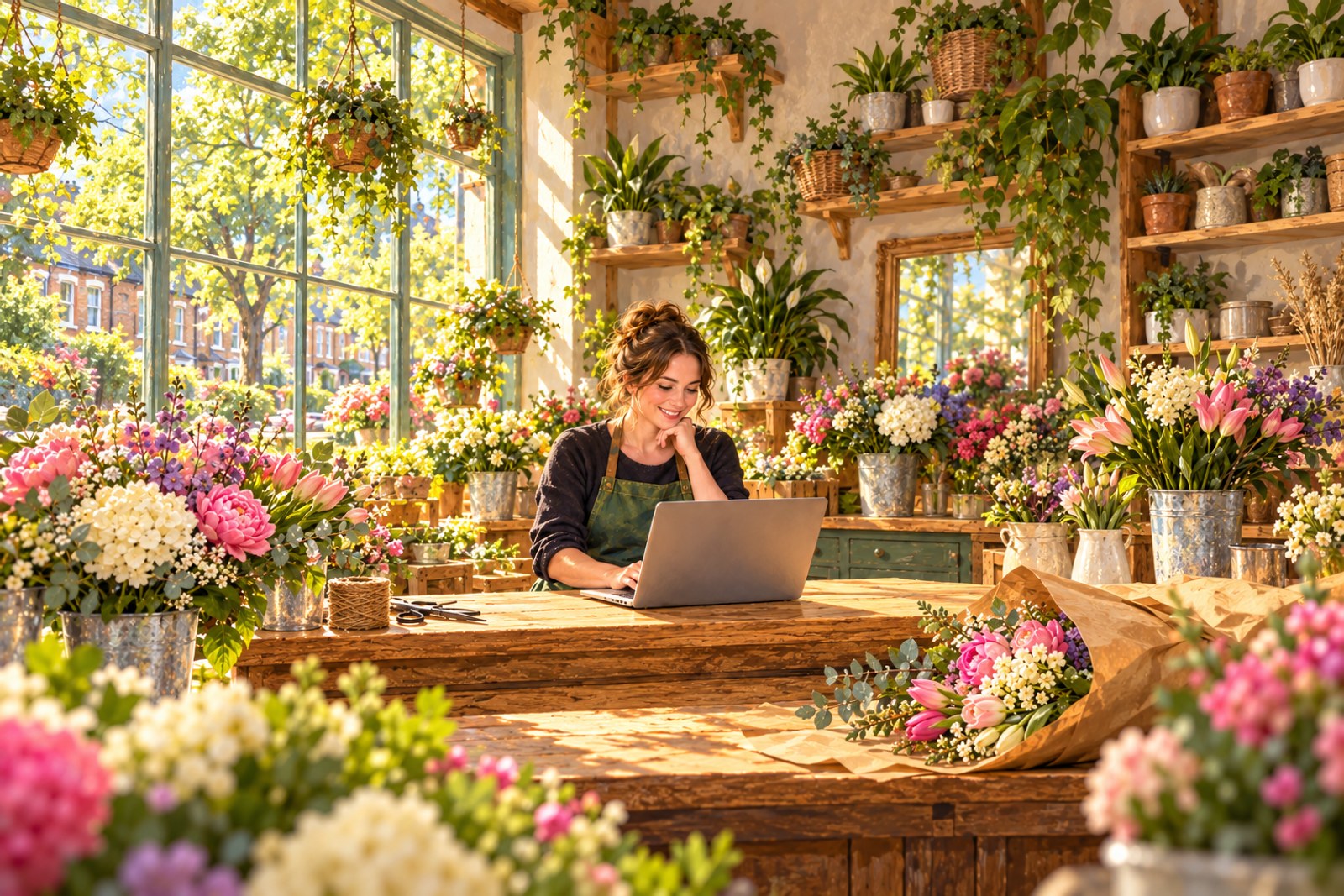 Artist's impression of a representative Cardiff florist reviewing a business listing, not an actual named business or owner