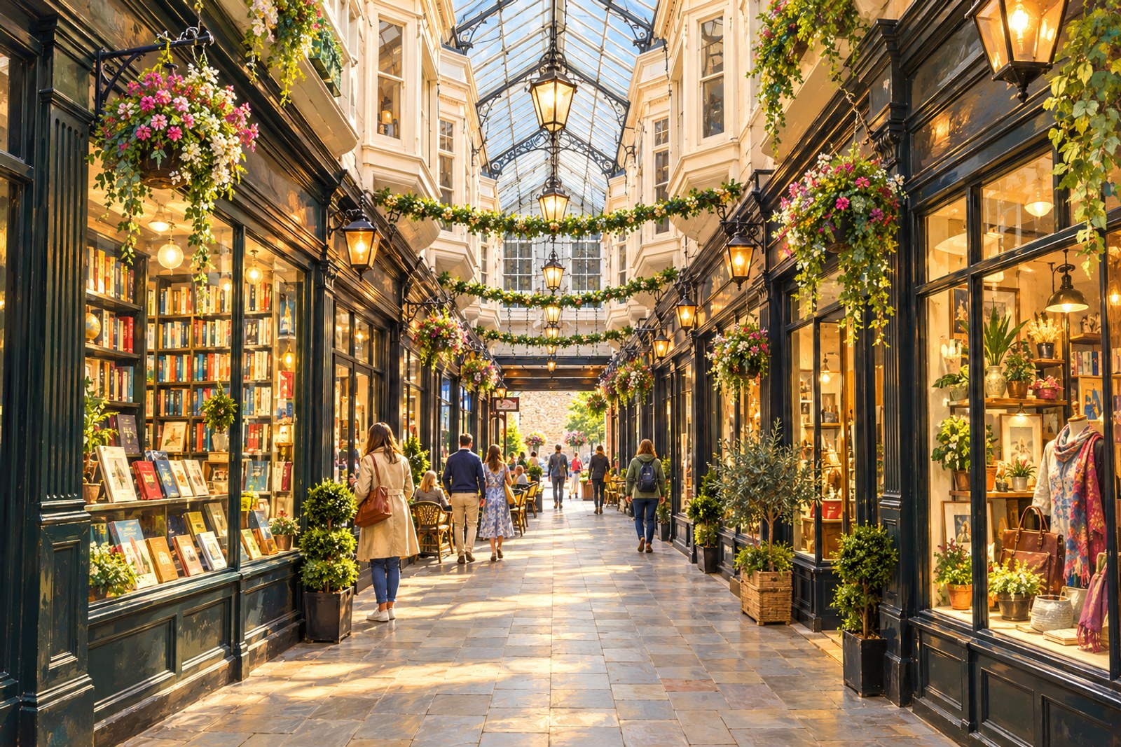 Artist's impression of Castle Arcade's Victorian galleries and glass roof in Cardiff, with representative shops rather than actual named traders