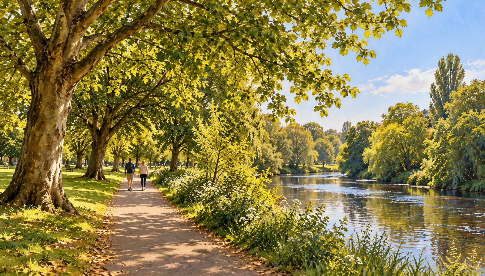 Artist's impression of a leafy riverside path beside the Taff in Cardiff, not a surveyed walking route